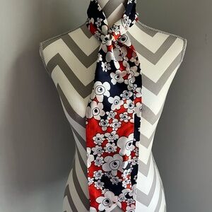 Vintage Floral Skinny Silk Scarf - Red, Navy, White 68”l x 4.25”w